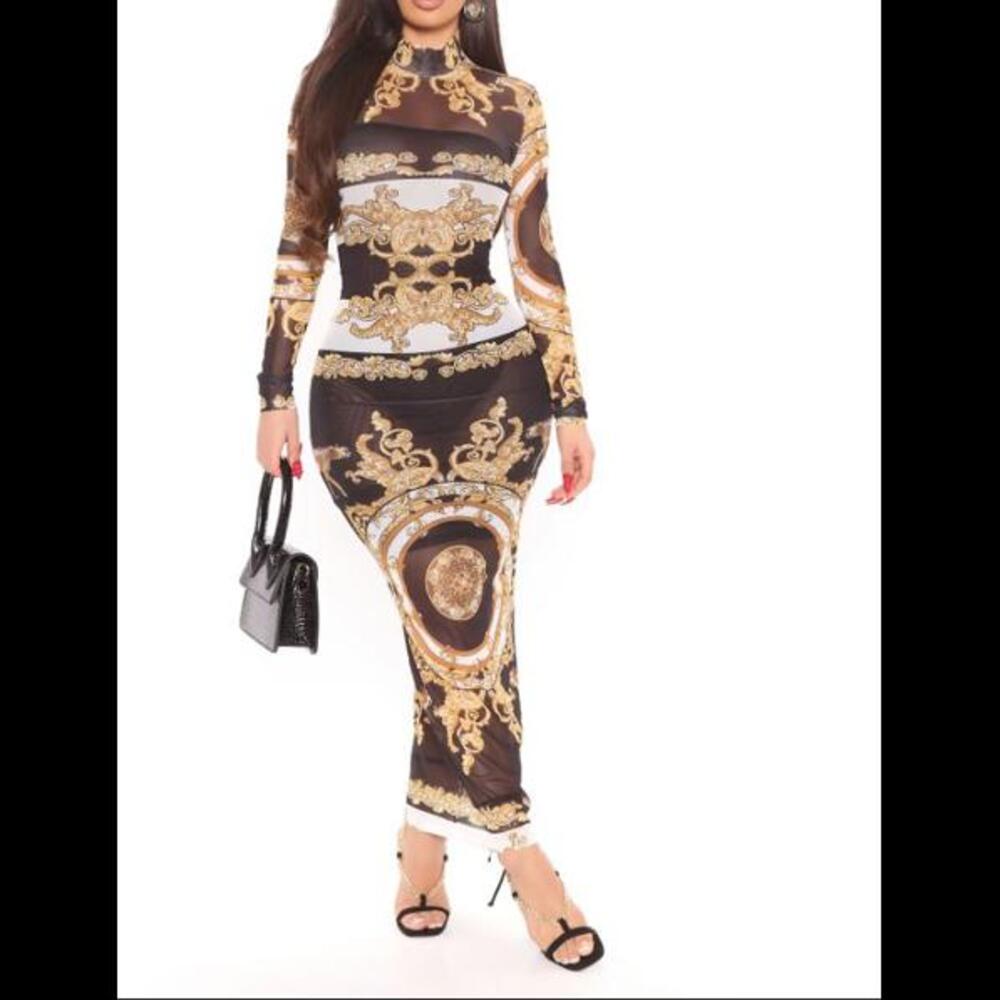 Fashion Nova Black and Gold Long Sleeve Dress